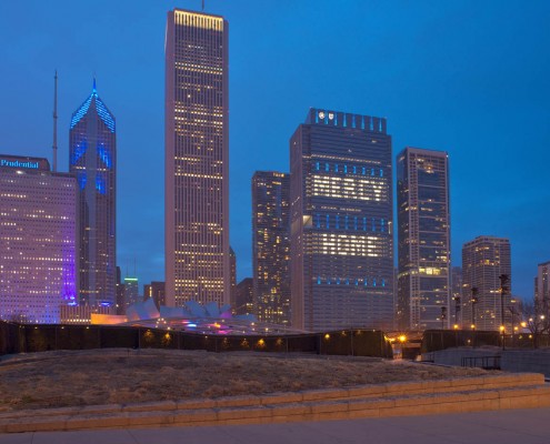 Chicago downtown evening March 12th 2016. The BCBS building illuminated to read MERCY HOME.