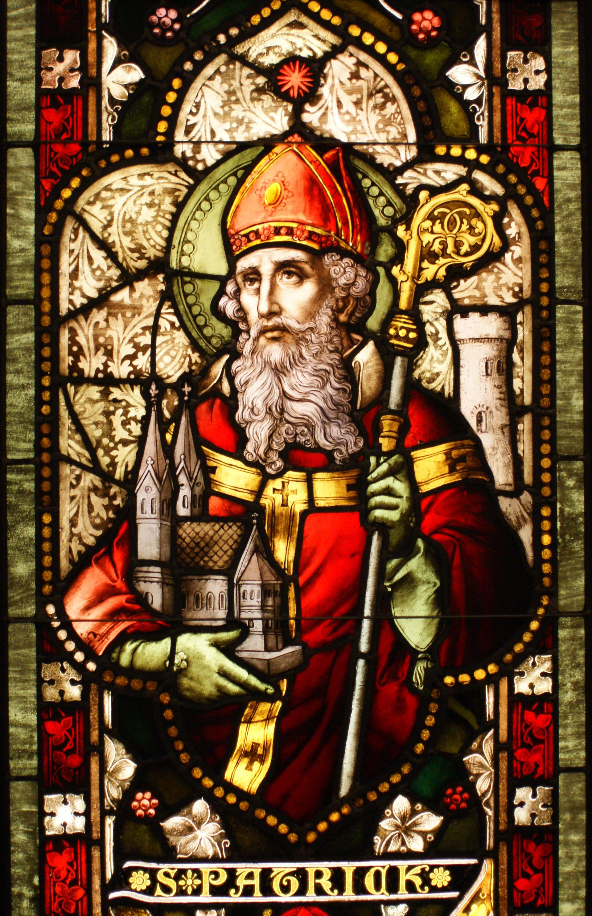 Stained glass image of St. Patrick