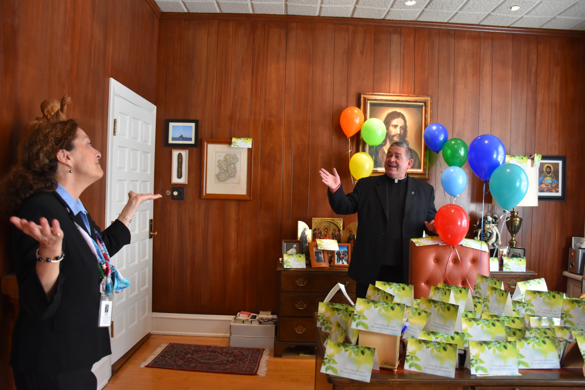 Fr. Scott's office filled with balloons and birthday cards