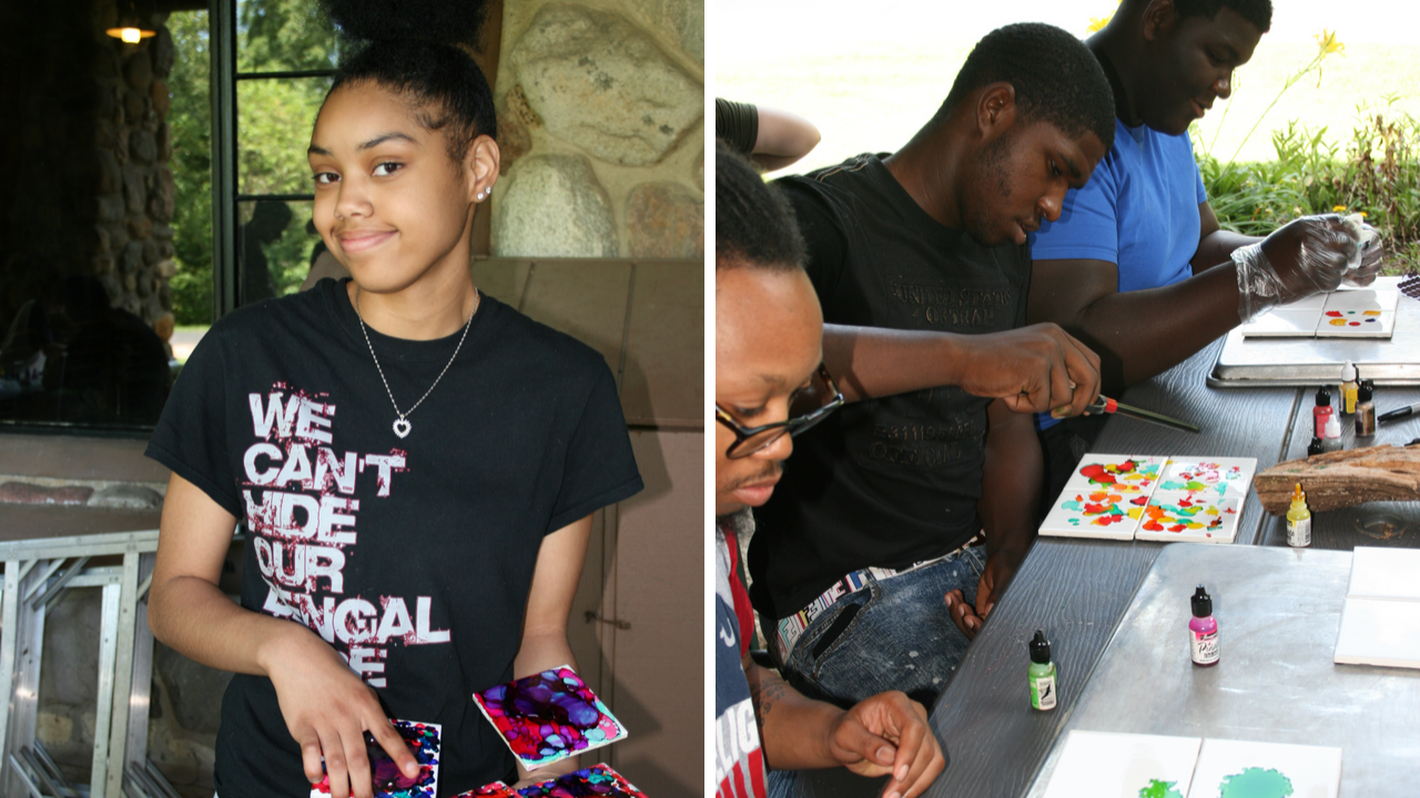 Picture collage of young girl holding finished paintings and young men working on paintings