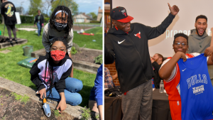 Collage of kids gardening and kids celebrating the Bulls
