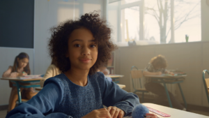 Nevaeh sits in her classroom