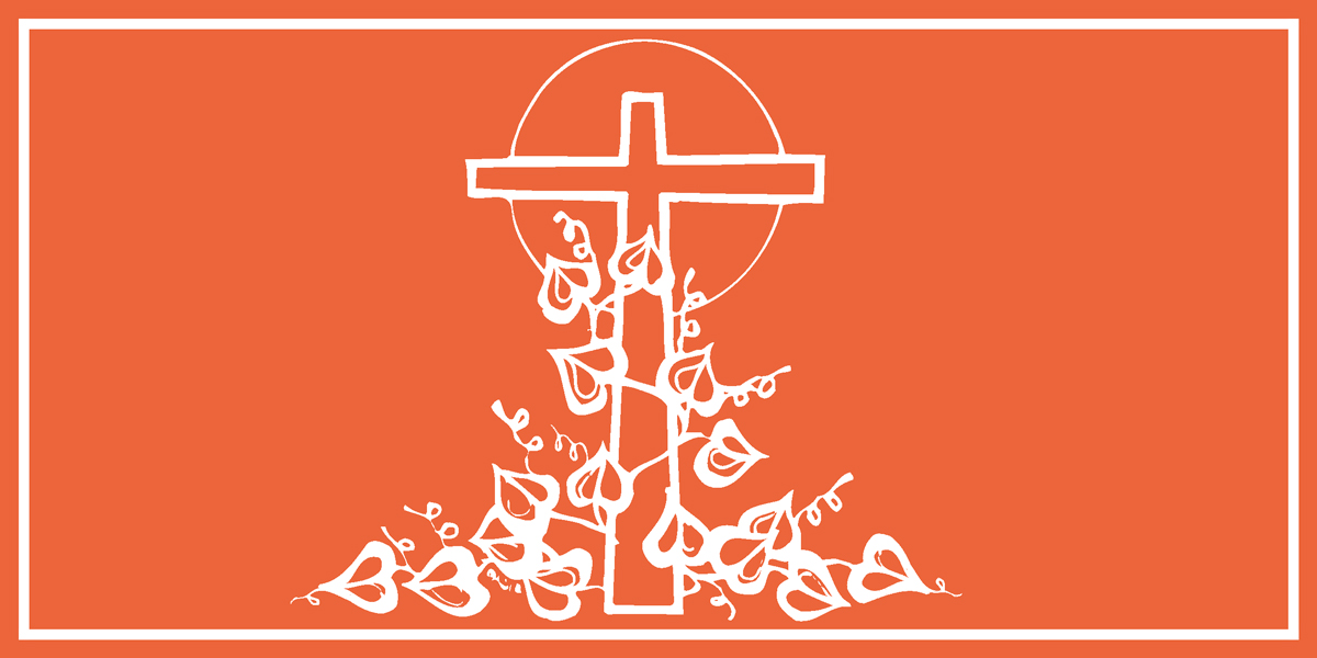 An illustration of a white cross covered with vines displays on top of a red background.
