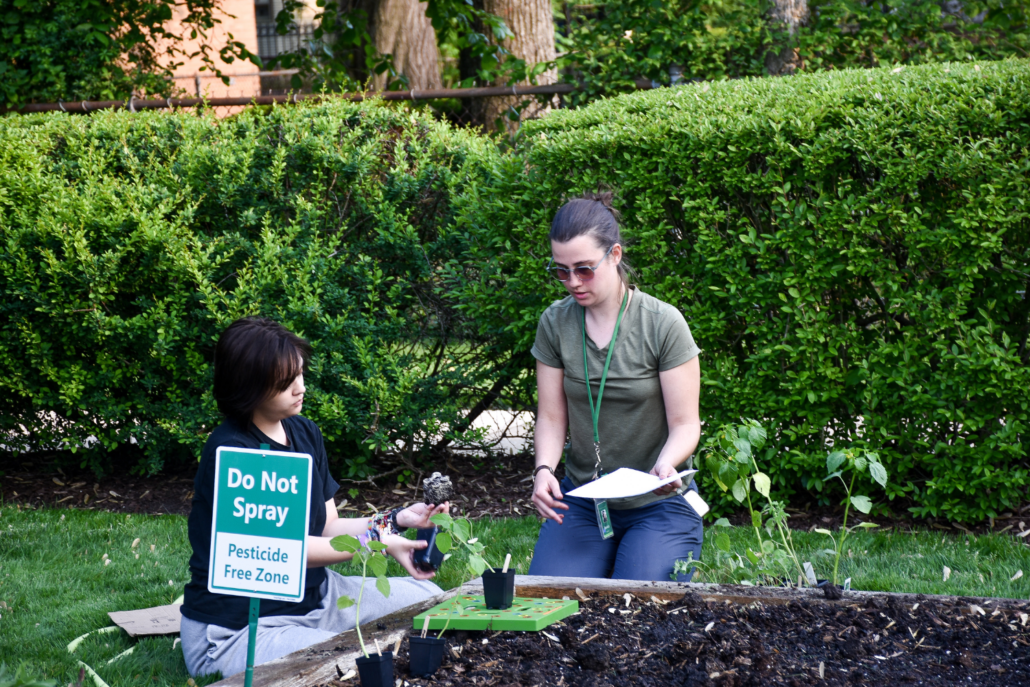 Jessica Mueller teaches one of the girls about soil, root depth, and garden nutrition.