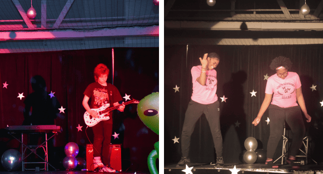 A young man performs on the electric guitar, and two young women perform a dance routine.